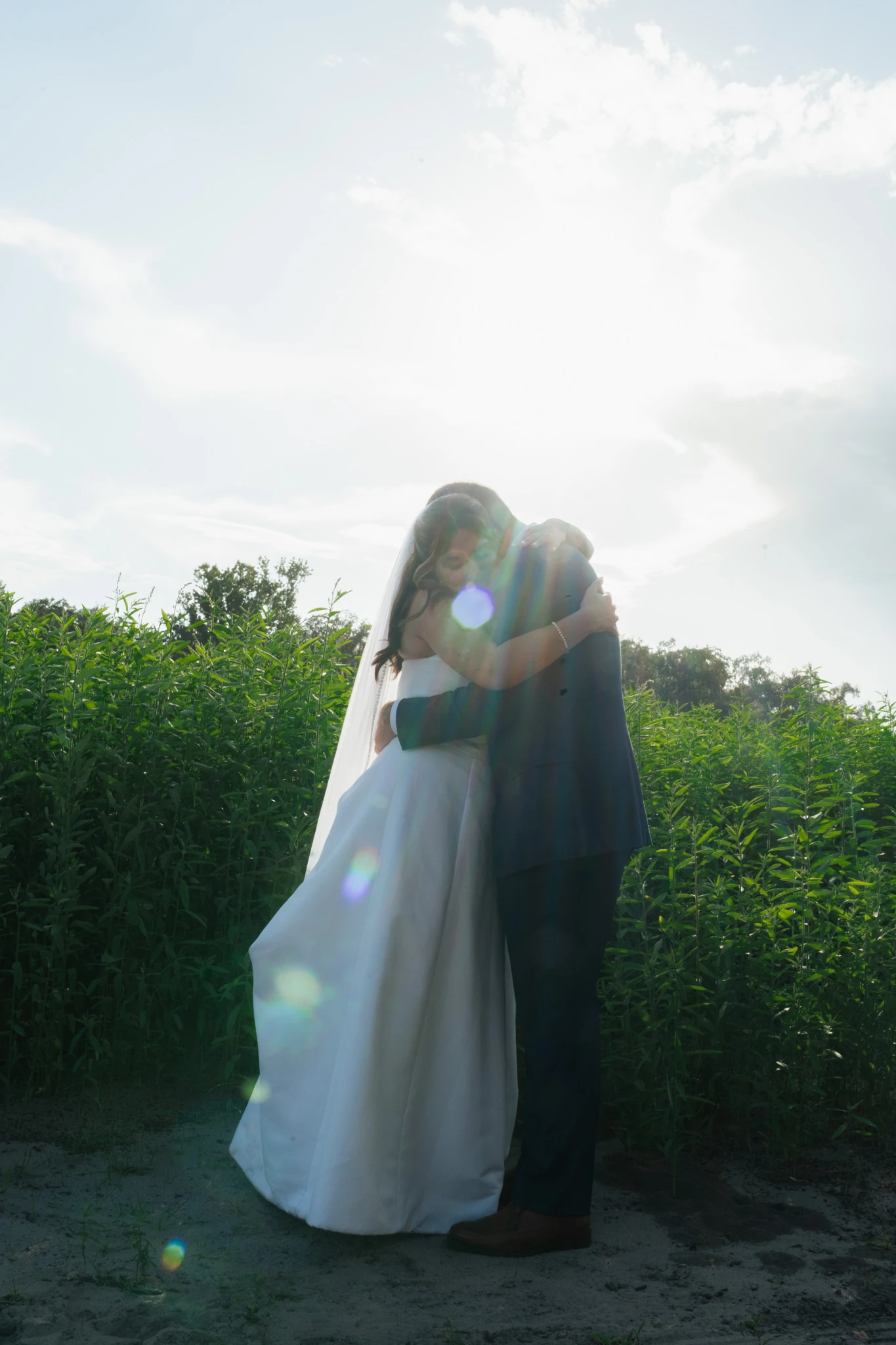 Backlit, the couple hold each other at the edge of the field